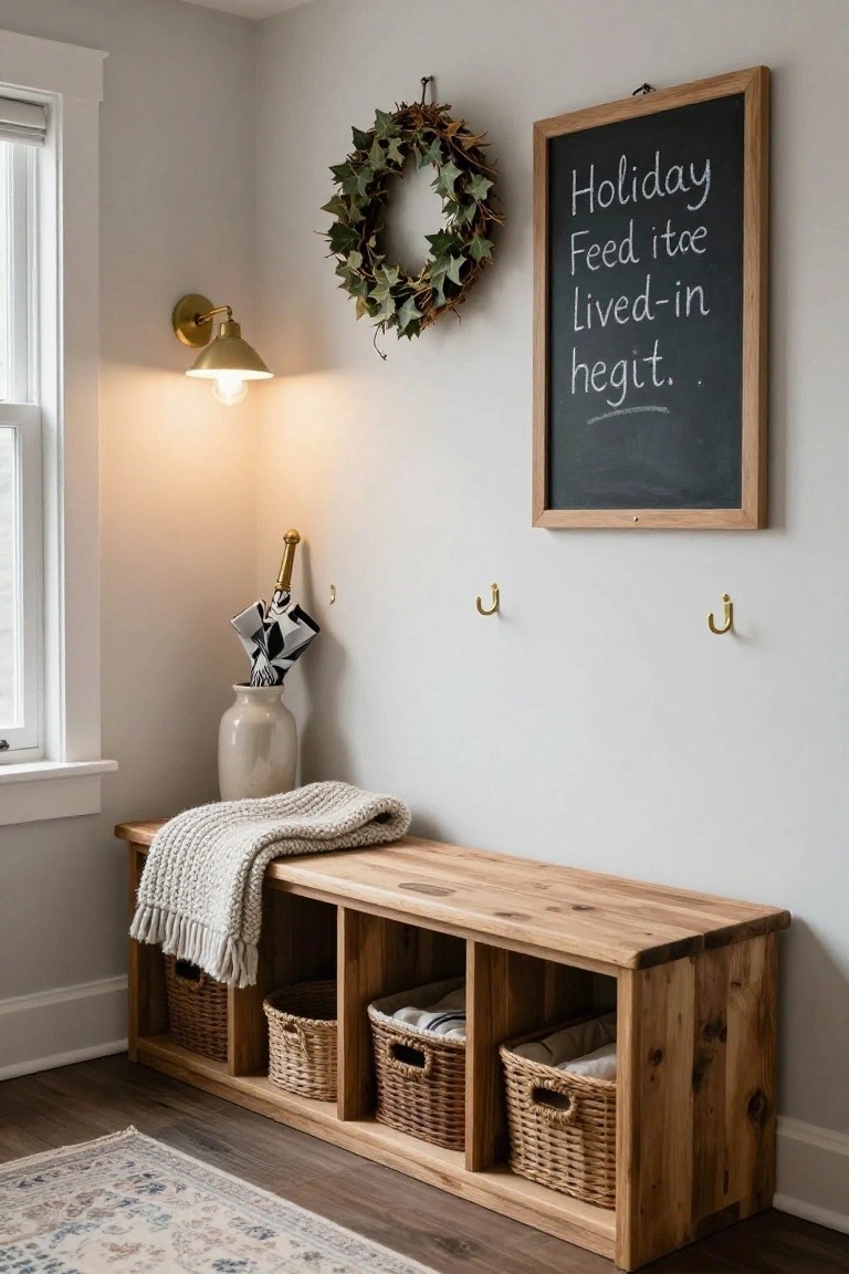 Light gray entryway corner with wooden bench featuring cubby storage filled with wicker baskets, gray knit throw draped over seat, potted black-and-white umbrella, gold wall hooks, ivy holiday wreath, and framed chalkboard with handwritten message.
