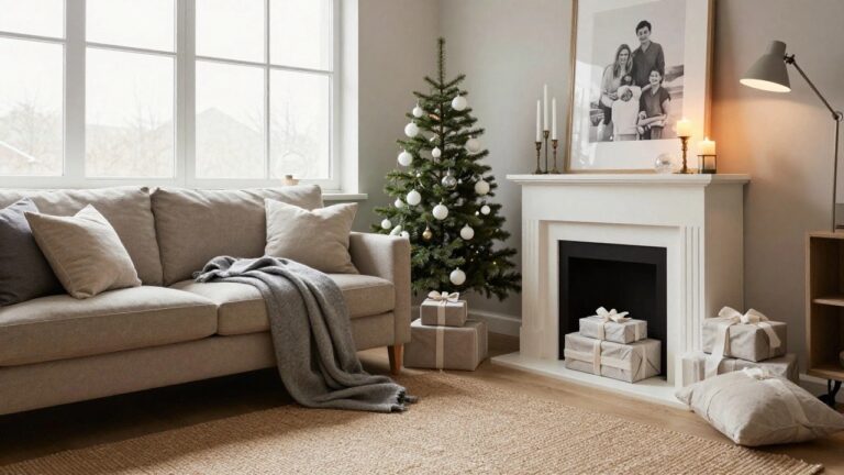 24 Elegant Christmas Decor Ideas That Feel Luxurious Yet Simple Living room interior with a Christmas tree lit by string lights and decorated with white baubles, a fireplace with fire, beige sofa with throw, wrapped gifts on the floor, and neutral decor.