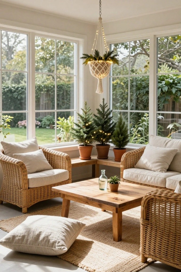 Sunroom interior with rattan armchairs and sofa around low wooden coffee table, small potted Christmas trees with lights, hanging macrame planter, large windows overlooking garden, neutral cushions and floor pouf on seagrass rug.