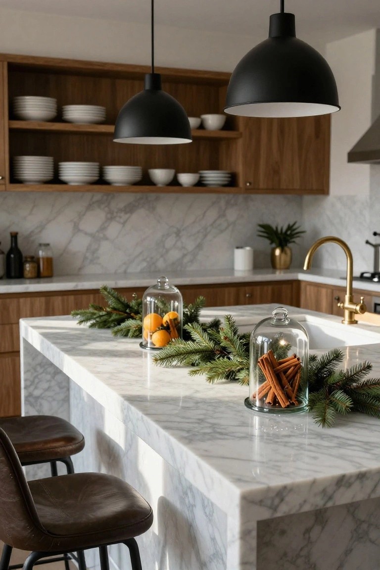 Modern kitchen with white marble island counter decorated by green pine garland, oranges and cinnamon sticks inside two glass cloches, brown leather barstools, wooden cabinets, white plates on open shelves, and black pendant lights overhead.