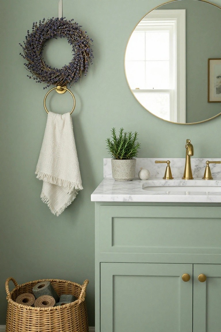 Sage green bathroom with marble countertop vanity, gold faucet and handles, round gold mirror, lavender wreath on wall above gold towel ring holding white towel, potted rosemary plant, soap dish, and wicker basket of toilet paper rolls on floor.