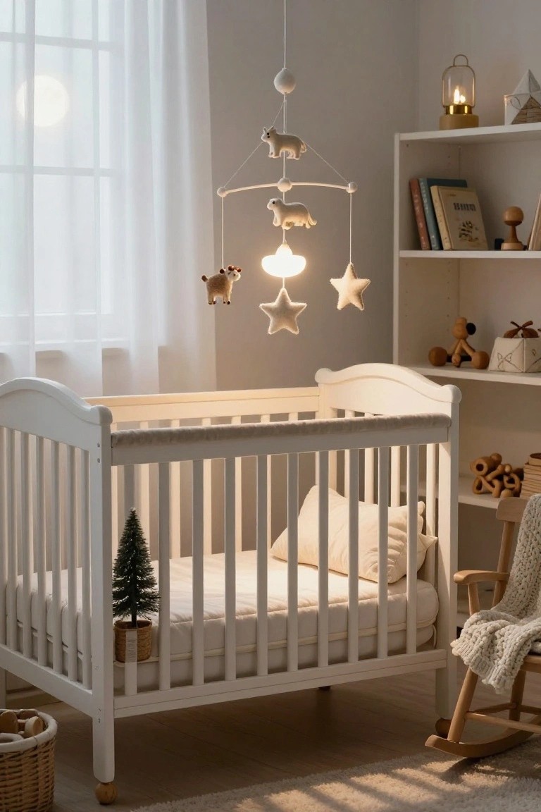 White wooden crib in a nursery with a small potted Christmas tree inside, hanging sheep mobile with glowing light, wooden toys on shelves, rocking chair, and window with sheer curtains.