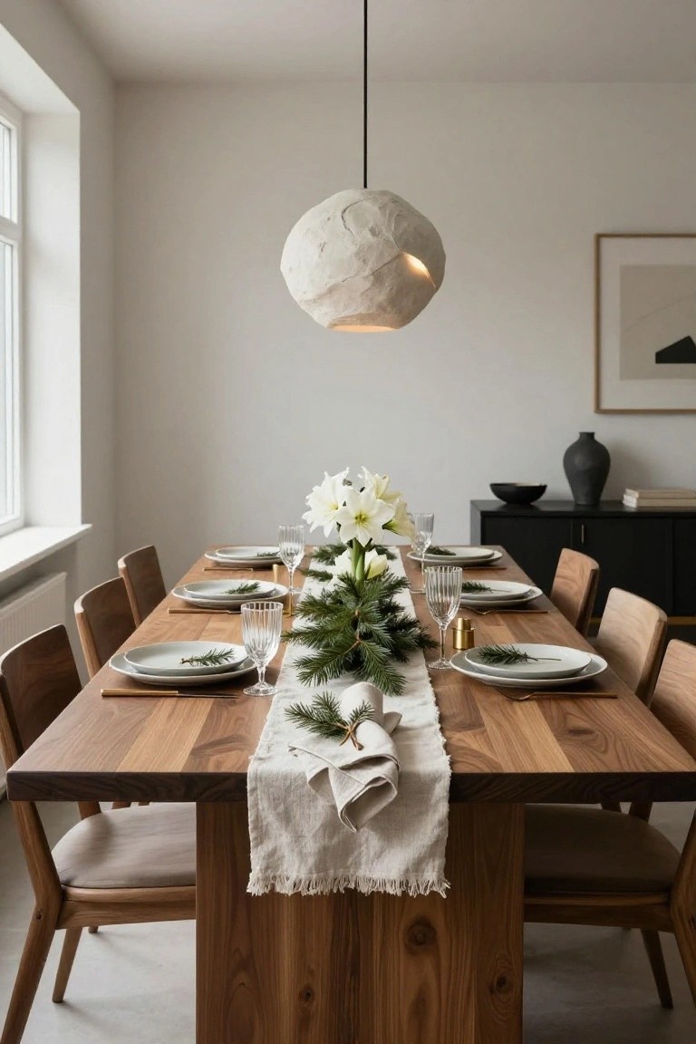 Wooden dining table in a light room set for a meal with white plates, gold utensils, fluted glassware, a centerpiece of white lilies and pine branches on a white linen runner, and a white pendant light overhead.