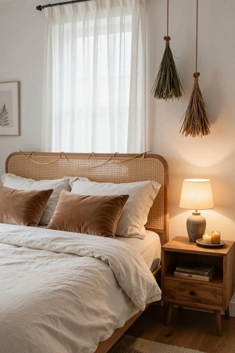 Bedroom with light wood rattan headboard draped in thin gold garland, white linen bedding with rust velvet pillows, wooden nightstand holding ceramic lamp and burning candles, sheer curtains on window, and dried grass bundles hanging on white wall.
