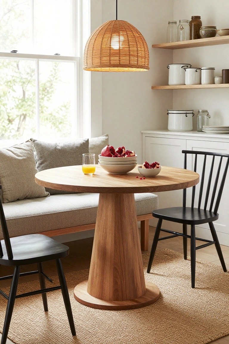 Sunlit kitchen nook with round wooden pedestal table, gray linen bench along the wall, two black ladderback chairs, bowls of pomegranates and orange juice glass on the table, rattan pendant light overhead, and open wooden shelves with jars and white pots.