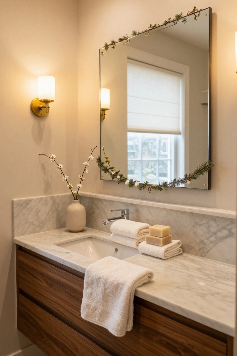 Bathroom vanity with marble countertop and sink, wood cabinet below, large rectangular mirror edged with evergreen garland and white branches, folded white towels, soap bars, ceramic vase with branches, wall sconce, and window with shade in background.