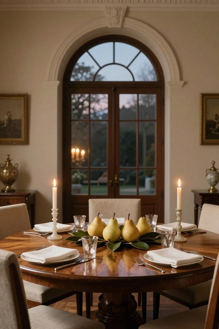 Round wooden dining table set for a meal with white napkins, glassware, silverware, white candles, and a centerpiece of yellow pears on green leaves in a cream-colored room with tall doors to a garden at dusk.