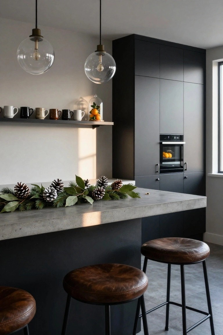 Modern kitchen with black cabinets, concrete island countertop topped with pinecone and evergreen garland, two leather bar stools, glass pendant lights, mug shelf, and oranges baking in the wall oven.