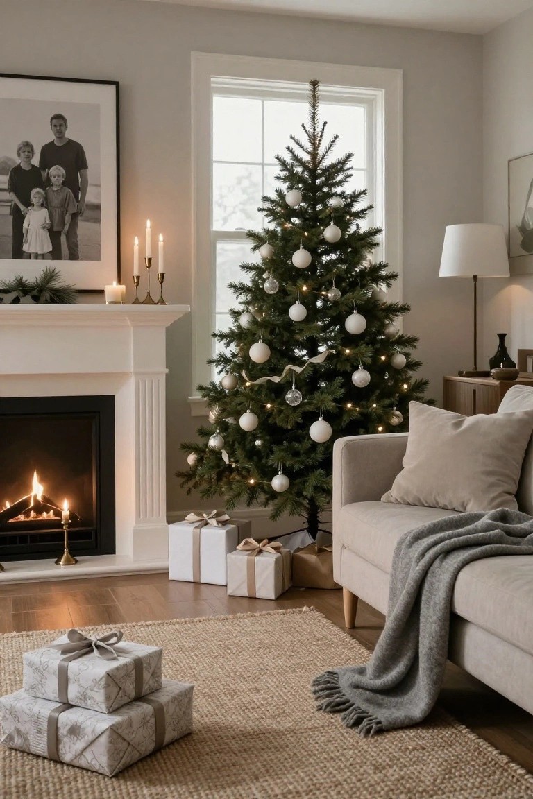 Living room interior with a Christmas tree lit by string lights and decorated with white baubles, a fireplace with fire, beige sofa with throw, wrapped gifts on the floor, and neutral decor.