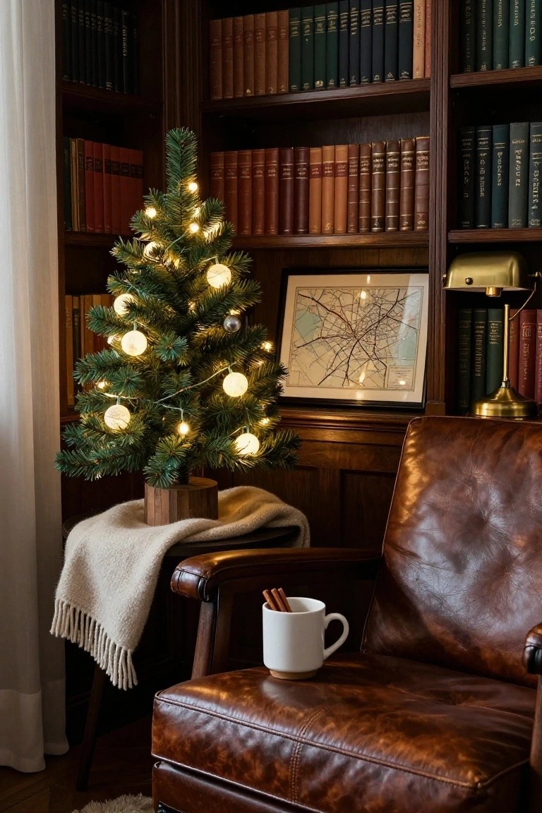 Small lit artificial Christmas tree beside a leather armchair draped with a wool blanket and holding a mug, in a wood-paneled library corner lined with bookshelves.