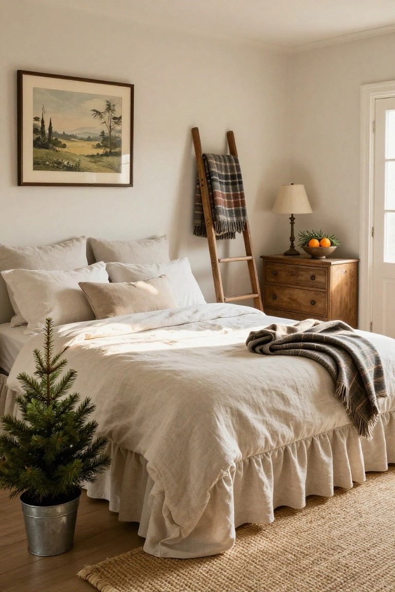 Bedroom with white linen bed, small potted Christmas tree in metal bucket nearby, wooden ladder draped in plaid blanket, dresser topped with bowl of oranges, landscape painting on wall, lamp, and seagrass rug on wood floor.