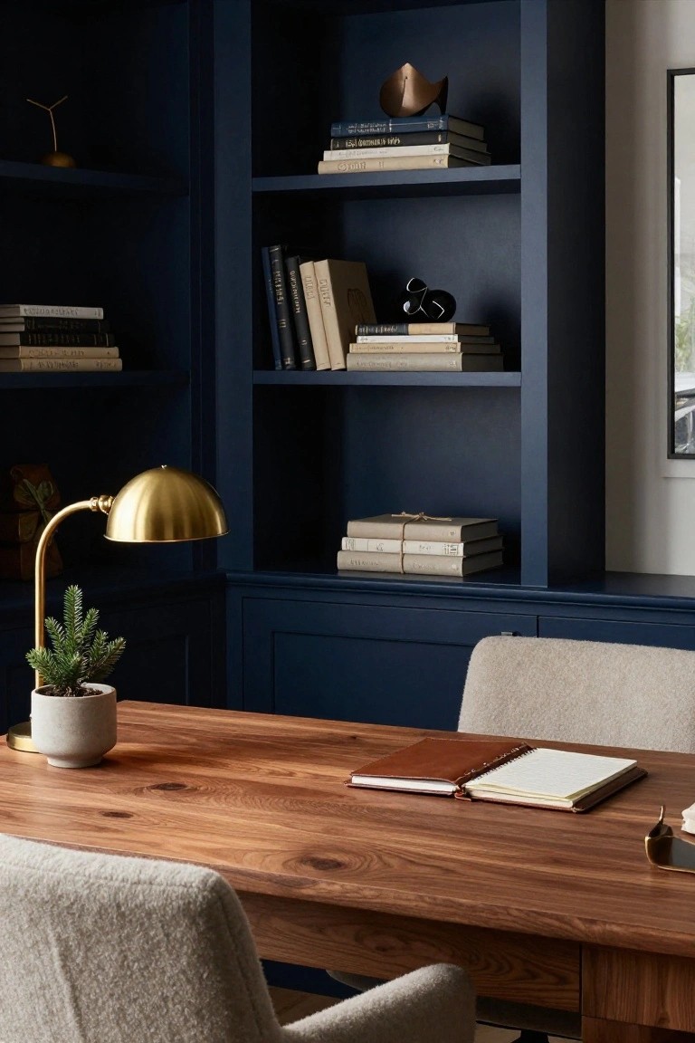 Home office featuring navy blue built-in bookshelves filled with books and decor, a wooden desk with an open leather notebook, small potted evergreen plant, gold desk lamp, white ceramic pot, and two beige upholstered chairs.