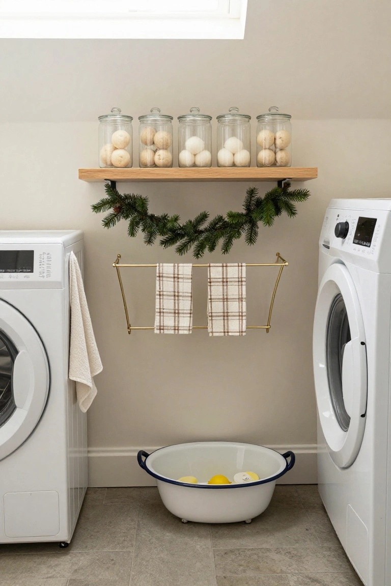 Laundry room featuring white washer and dryer with a wooden shelf of glass jars filled with white wool dryer balls, evergreen garland above a gold towel rack holding plaid tea towels, and a white enamel basin with yellow sponges on the floor.