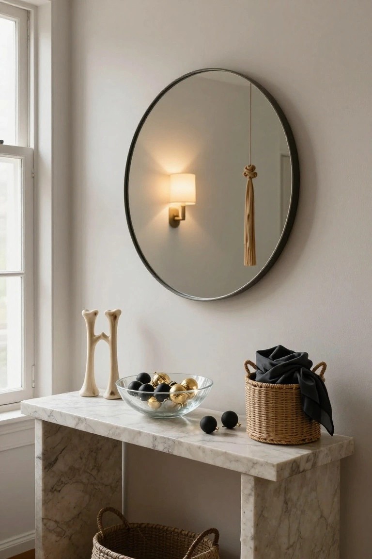Black and Gold Ornaments on a Marble Console