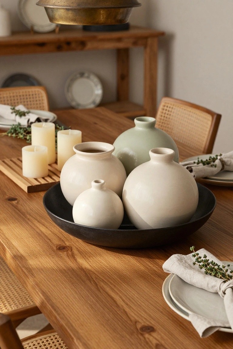 Wooden dining table with a black bowl holding clustered white and pale green ceramic vases of varying sizes, white pillar candles, greenery accents, plates, and linen napkins on rattan chairs in a light room with wooden shelves.