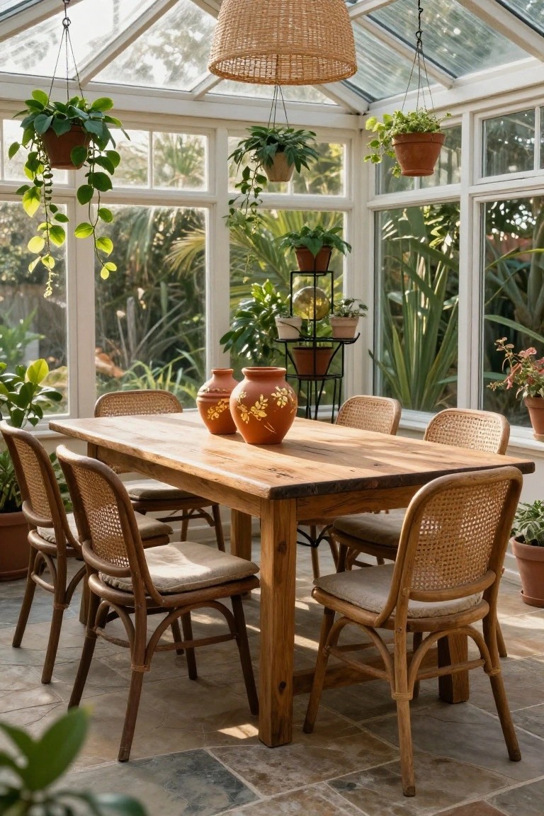 Glass conservatory interior with wooden rectangular dining table, rattan armchairs with cushions, multiple potted and hanging plants, two large terracotta vases on the table, black metal plant stand, and rattan hanging light fixture.