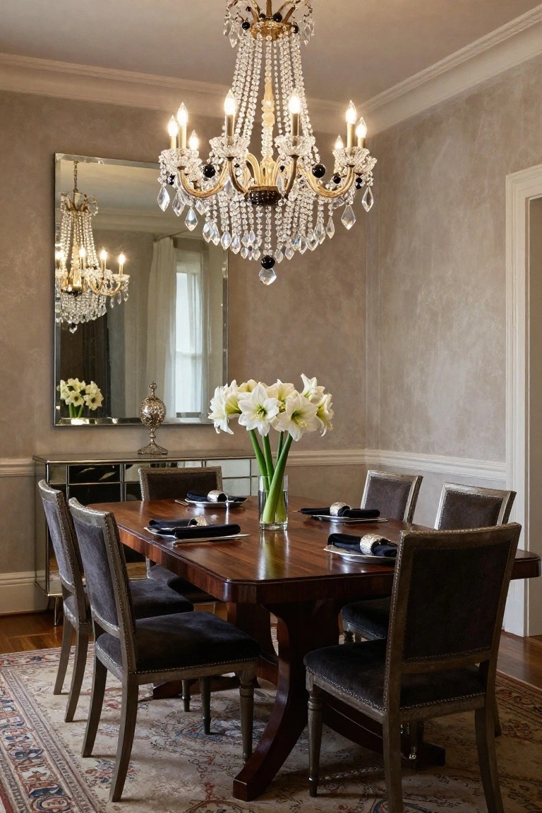 Formal dining room featuring a large gold and crystal chandelier over a dark wood table set with black napkins, white lilies in a vase, tufted chairs, mirrored buffet, beige textured walls, and an oriental rug.