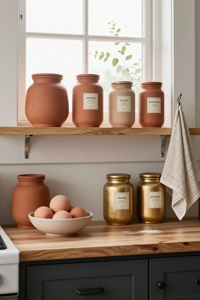 Kitchen shelf above a wooden counter holding several terracotta and beige jars with labels, gold jars below, a white bowl of round peach textured balls on the counter, window and cabinets in background.