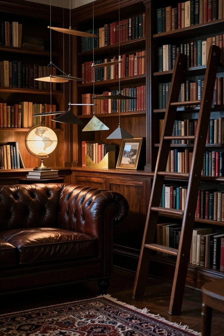 Wood-paneled library interior with floor-to-ceiling bookshelves, wooden rolling ladder, tufted brown leather armchair, brass globe lamp, hanging geometric wooden sculptures, and Persian rug on hardwood floor.