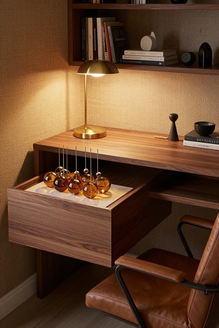 Wooden desk with open drawer holding several amber glass sphere ornaments on gold wire stands, arranged on fabric lining, next to brass lamp, bookshelves, and leather chair in warm-lit room.