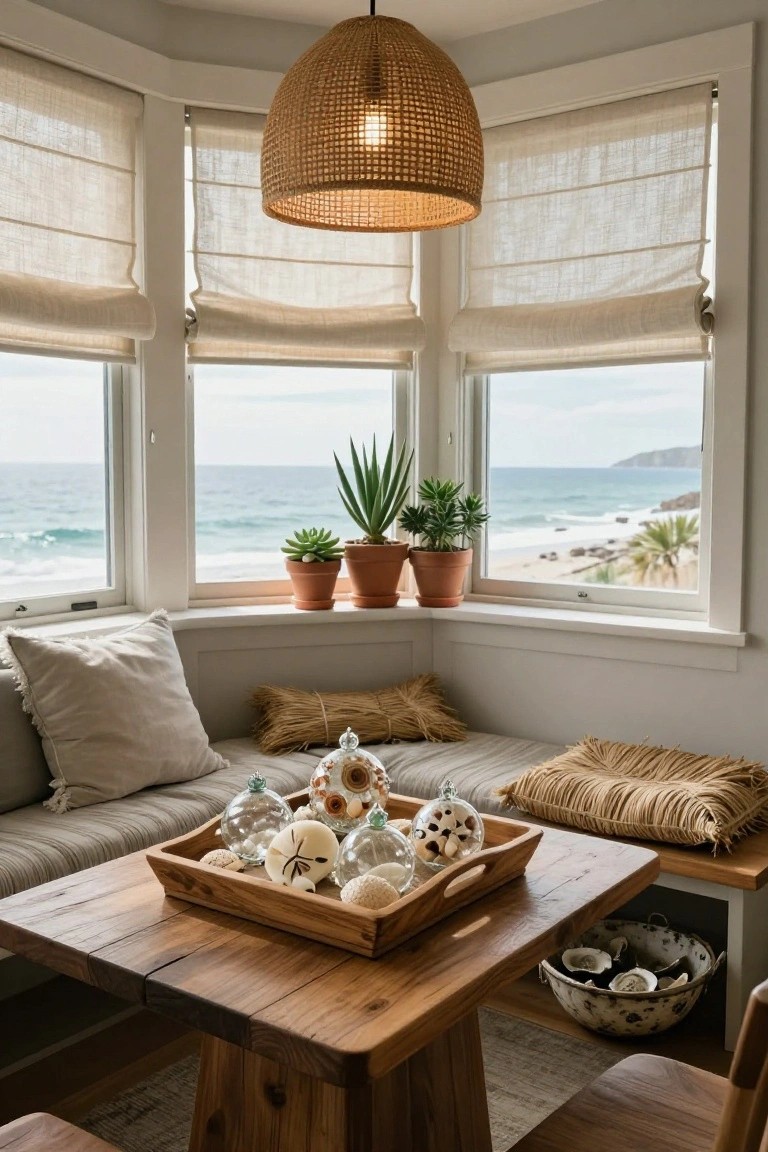 Corner window seat area in a light room overlooking the ocean, with neutral cushions, a wooden tray holding clear glass orbs filled with shells and starfish on a wood table, potted plants on the sill, and linen shades.