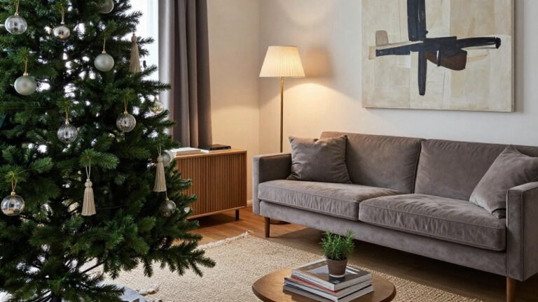 Living room corner with a lit Christmas tree decorated in metallic silver and gold baubles with tassel accents, next to a gray velvet sofa, wooden sideboard, coffee table with books, potted plants, and a floor lamp.
