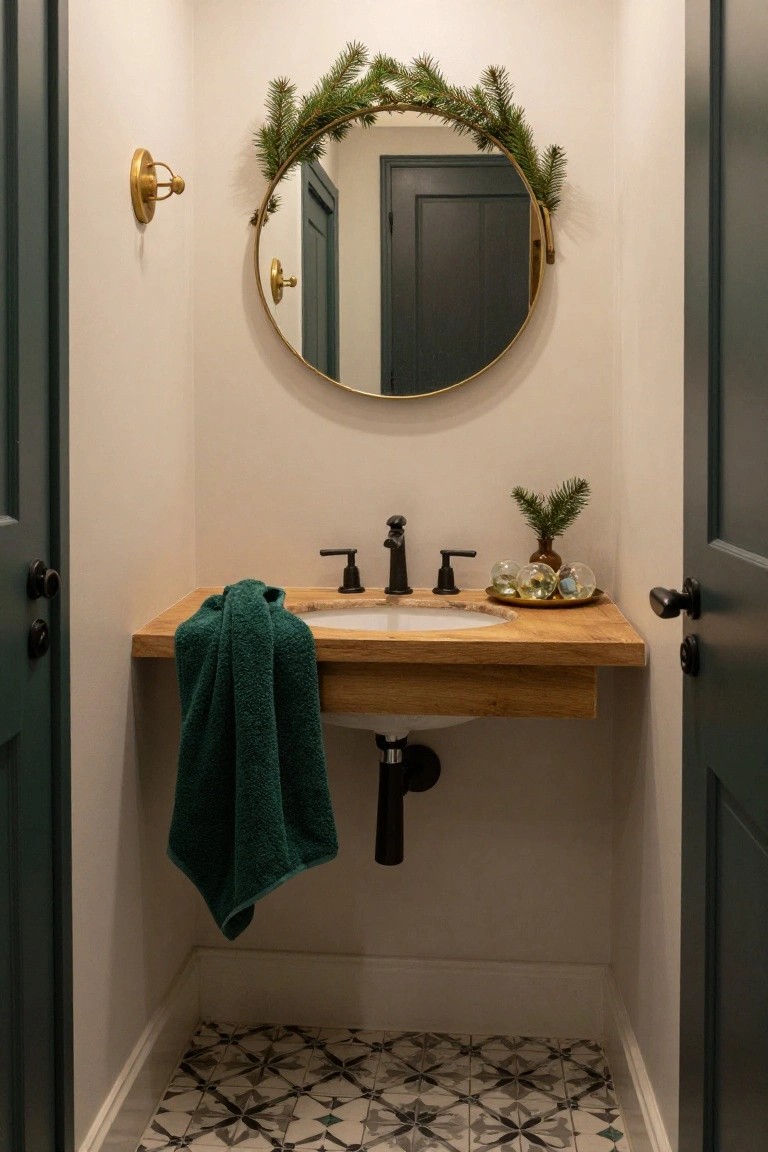 Small powder room with dark green paneled doors, round gold mirror framed by evergreen garland, floating oak vanity holding white sink and green towel, small Christmas tree in vase, gold dish of ornaments, and patterned tile floor.
