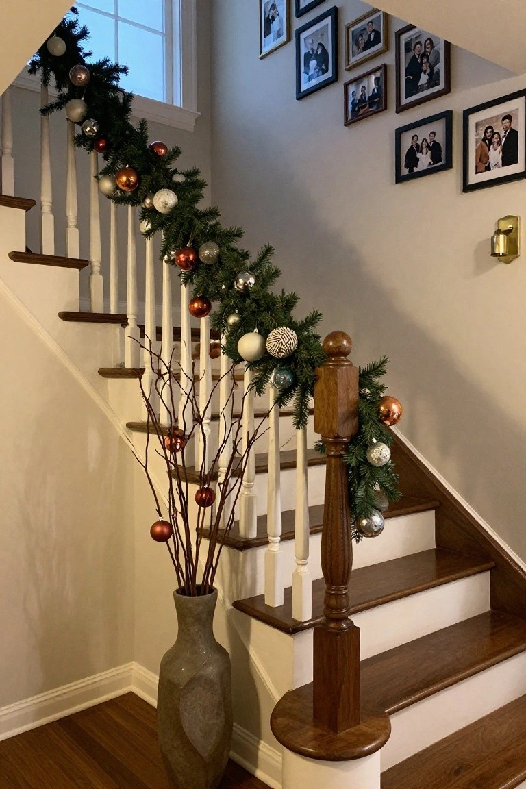Wooden staircase with white railings wrapped in evergreen garland and metallic ornaments including silver, white, and bronze balls, family photos framed on the beige wall above, a wall sconce, and a tall gray vase holding branches with red ornaments at the base.
