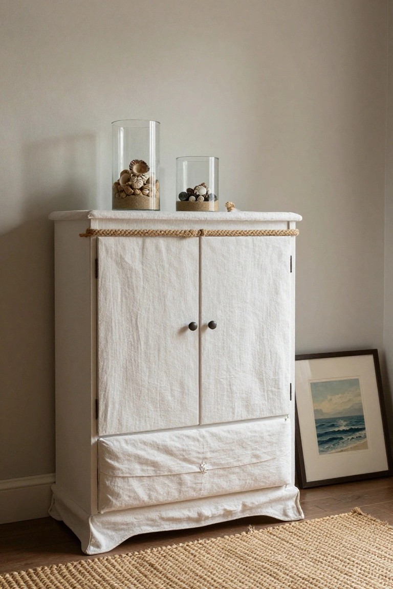 White cabinet with linen-covered doors and rope trim on top, holding two glass jars filled with seashells and sand, beside a framed painting of ocean waves on a light wall above a seagrass rug.
