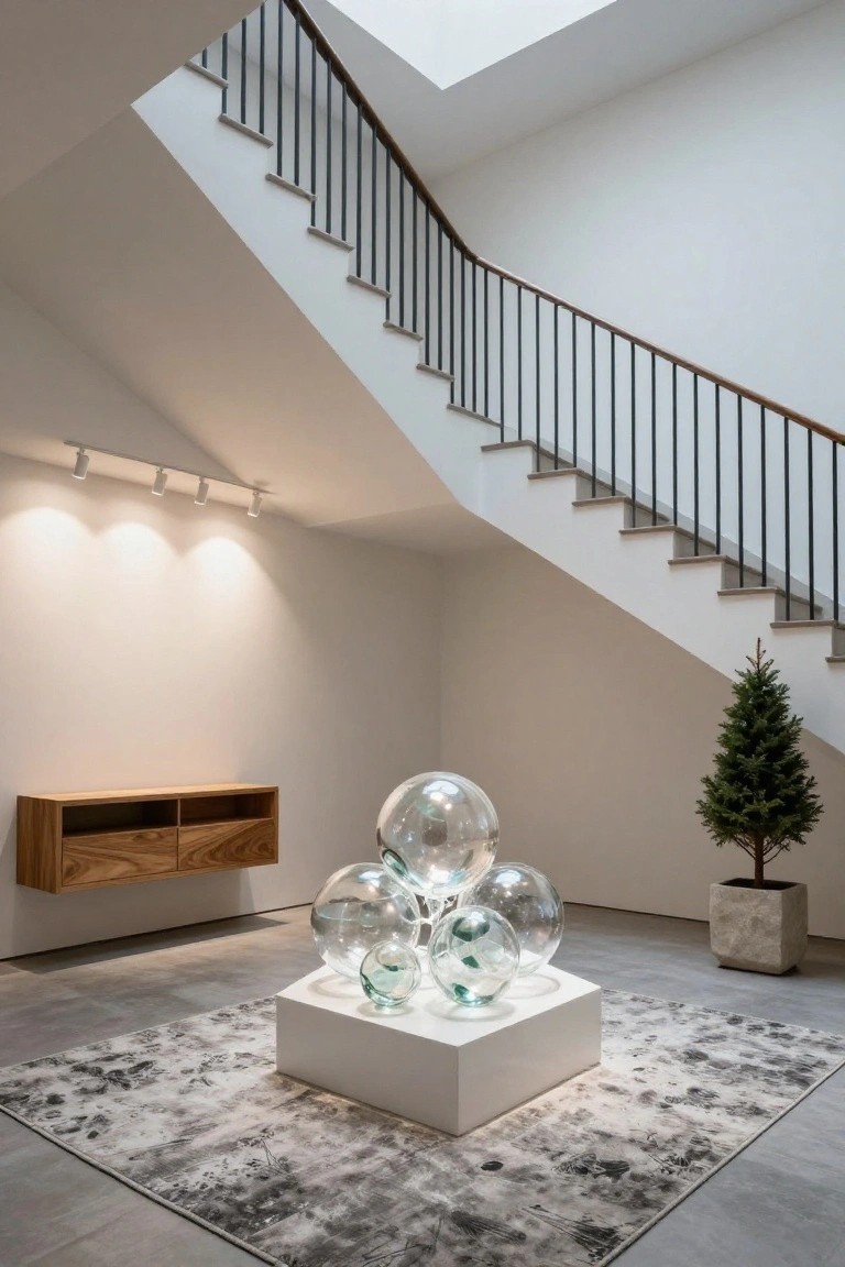 Modern entryway with angled staircase, black metal railing, floating wooden shelf, cluster of large translucent glass orbs on white pedestal, small potted fir tree in stone pot, gray rug on polished concrete floor, track lighting overhead.