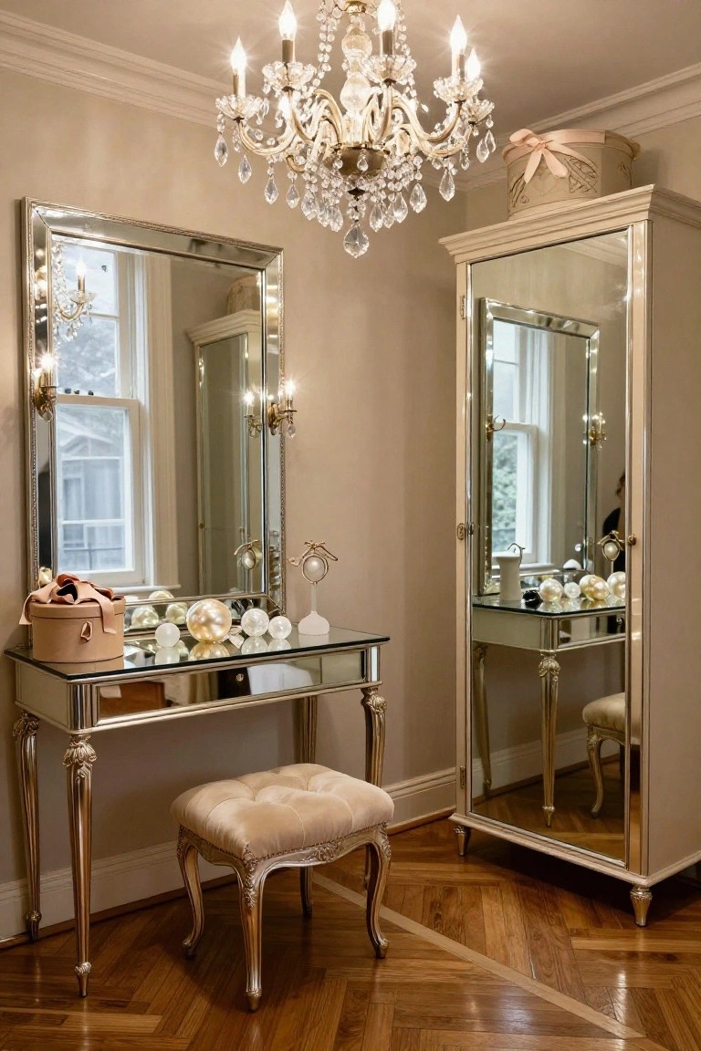 Beige dressing room interior featuring a glass-topped mirrored vanity table with clear glass Christmas ornaments, flanked by tall mirrors, a tufted stool, and a crystal chandelier overhead.