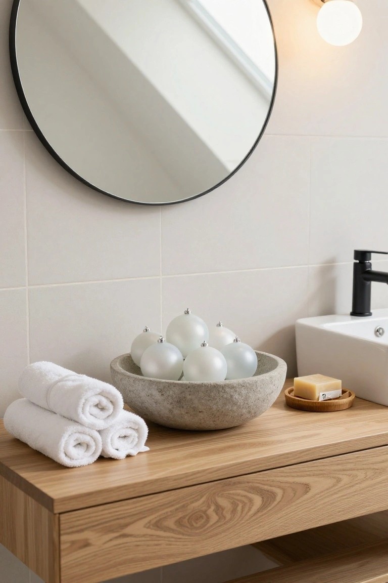 Bathroom vanity with oak wood top holding rolled white towels, a gray stone bowl filled with white frosted Christmas ornaments, a wooden soap dish, and a white sink with black faucet, below a large round black-framed mirror on white tiled walls.