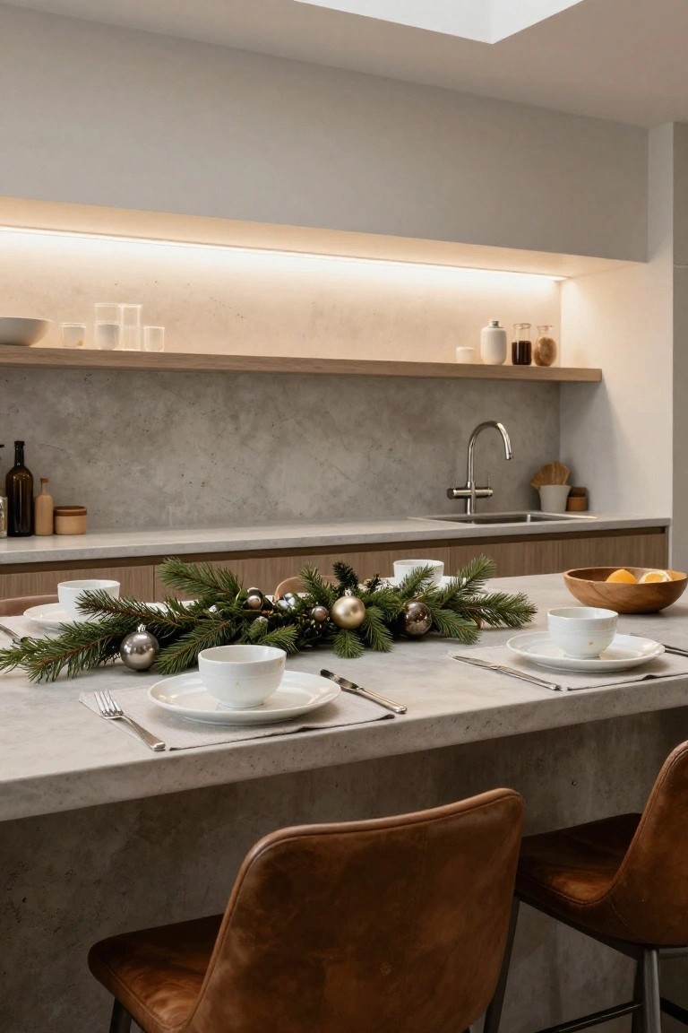 Modern kitchen island with gray countertop holding a pine garland runner adorned with silver and gold ornaments, white bowls and plates, flanked by two brown leather bar stools.