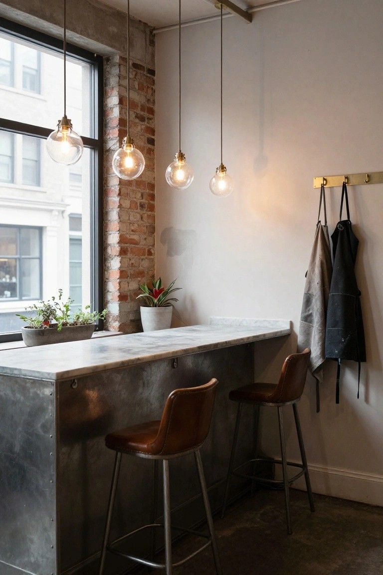Kitchen bar area featuring a gray metal counter with white marble top, two brown leather barstools, hanging clear glass globe pendant lights, exposed brick wall, potted plants on the counter, and black and beige aprons on brass hooks.