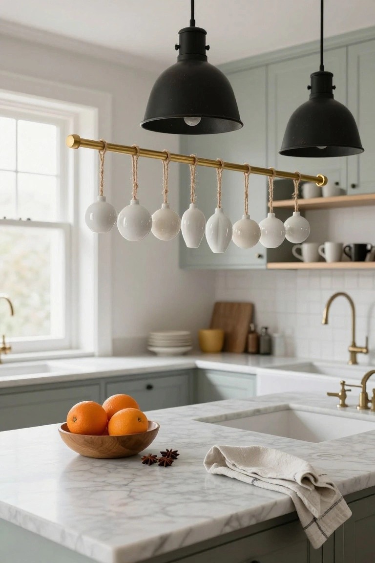 Kitchen with sage green cabinets, white marble island holding a wooden bowl of oranges and a linen towel, white ceramic ornaments hanging from ropes on a brass rod above the cabinets, black pendant lights, subway tile backsplash, and white farmhouse sink under a window.