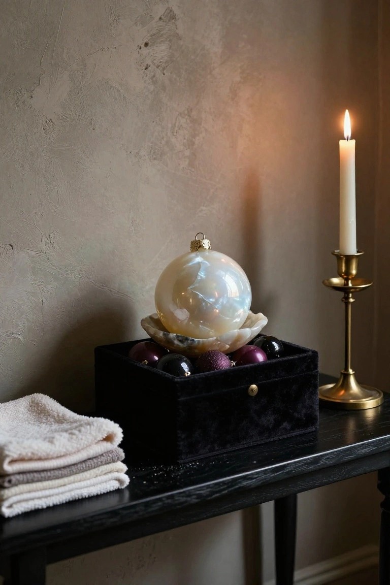 Black velvet box containing purple, black, and opalescent Christmas ornaments on a dark wooden console table next to a brass candlestick holding a lit white candle, with folded beige and gray towels beside it against a textured beige wall.