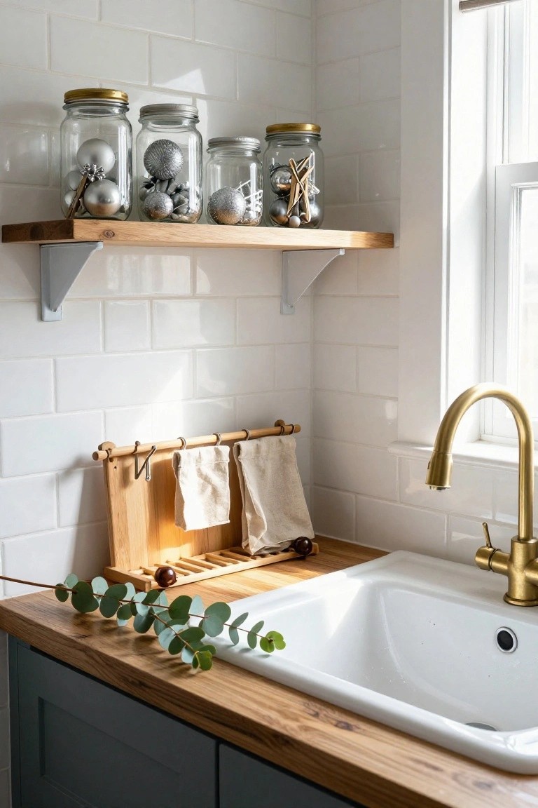 Kitchen sink area featuring white subway tile walls, wooden open shelf holding glass jars with silver Christmas ornaments, gold faucet, wooden towel rack with cloths, eucalyptus branch on oak countertop, and gray lower cabinets.