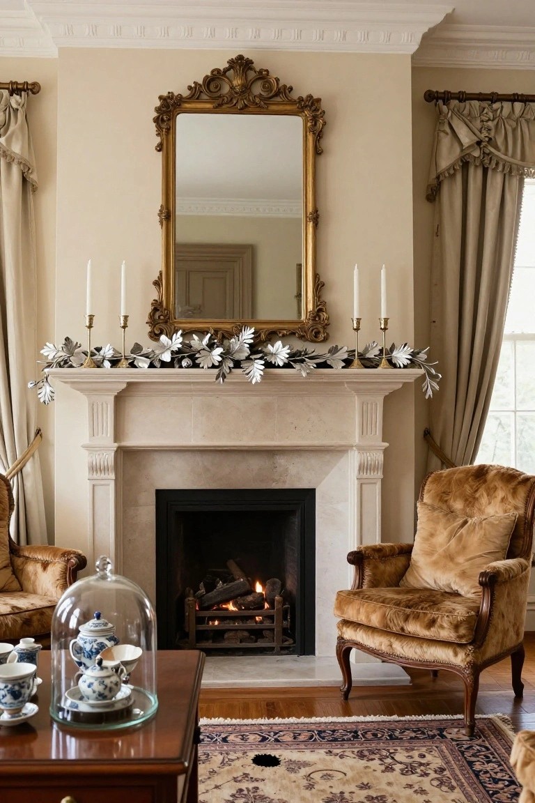 Elegant living room interior with marble fireplace mantel decorated in silver leaf garland and gold candelabras with white candles, large ornate gold mirror above, beige drapes, velvet armchairs, wooden table holding blue and white china under glass domes, and Persian rug on hardwood floor.