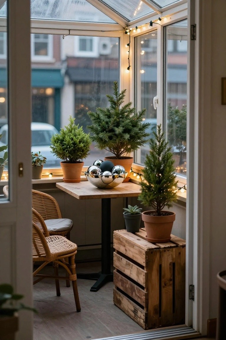 A glass conservatory with potted evergreen trees, a wooden table holding a large silver bowl filled with shiny silver Christmas ornaments, rattan chairs, and string lights, viewed from an open doorway on a rainy day.