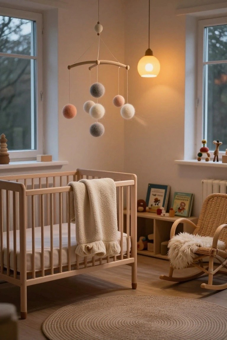 Cozy nursery interior with wooden crib draped in a cream blanket, wool ball mobile hanging above, rocking chair with sheepskin, bookshelves with toys and books, beige walls, two large windows, and warm overhead lamp.