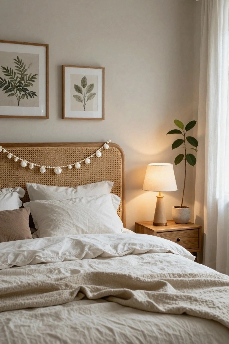 Bedroom with rattan headboard decorated by white beaded garland, white rumpled bedding and pillows, wooden nightstand holding lamp and potted plant, two framed leaf prints on beige wall, sheer curtained window.
