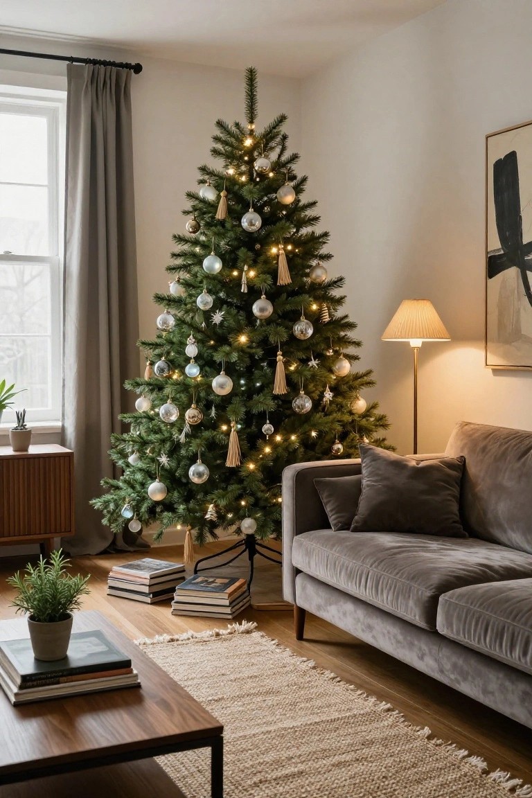Living room corner with a lit Christmas tree decorated in metallic silver and gold baubles with tassel accents, next to a gray velvet sofa, wooden sideboard, coffee table with books, potted plants, and a floor lamp.