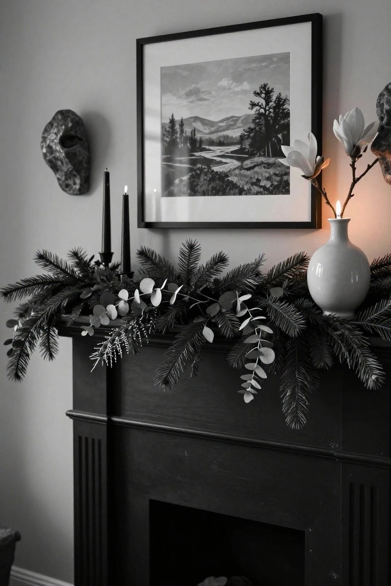 Black-and-white photo of a dark wood fireplace mantel decorated with dark pine branches, eucalyptus leaves, black candles, magnolia stems in a white vase, and a landscape artwork above.