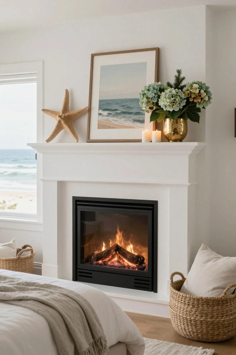White fireplace mantel decorated with blue hydrangeas in a gold vase, fir branches, white candles, a starfish, and ocean artwork, in a coastal bedroom with a bed and ocean view through the window.