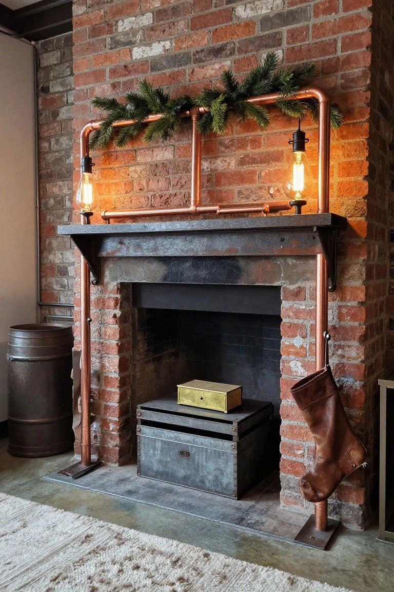 Brick indoor fireplace with copper pipe framework supporting evergreen garland and two lit Edison bulb lamps, metal crate on hearth, leather stocking hanging from pipe, and metal barrel nearby.