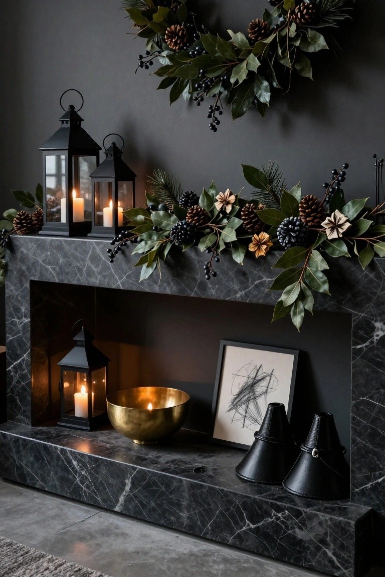 Black marble fireplace mantel decorated with evergreen garland, pinecones, dark berries, black lanterns with candles, gold bowl, black leather vases, and a framed drawing.
