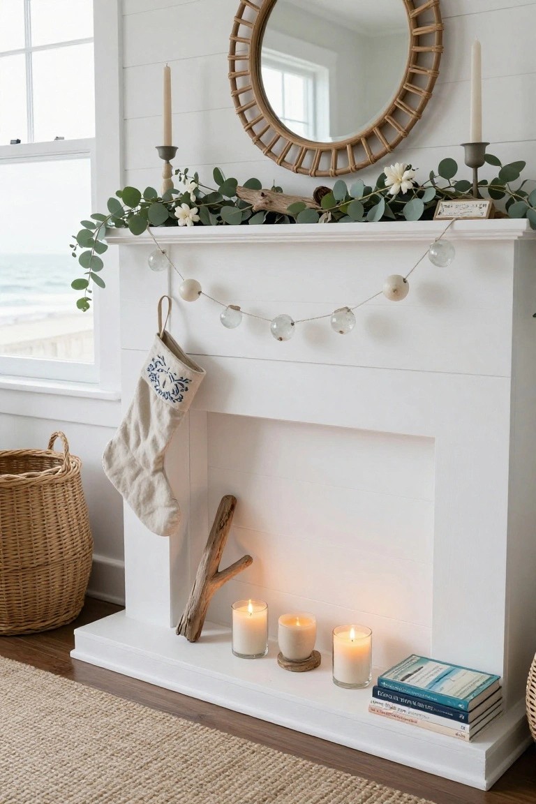 White fireplace mantel decorated with eucalyptus garland, glass bead string, embroidered stocking, driftwood pieces, white candles, and stacked books, with a beach visible through a nearby window.