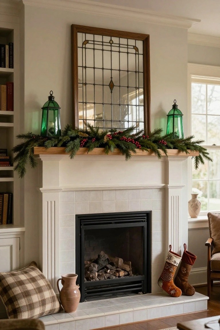White tiled fireplace mantel with wood shelf topped by evergreen garland with red berries, flanked by green glass lanterns on built-in bookcases, and two Christmas stockings hanging from the hearth.