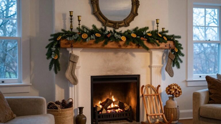 24 Evergreen Christmas Mantle Ideas That Celebrate Nature Indoors Rustic wooden fireplace mantel decorated with layered evergreen garland, eucalyptus leaves, dried orange slices, brass candlesticks, white knit stockings, and a wooden sleigh basket of pinecones next to a gas fire in a white-walled living room.