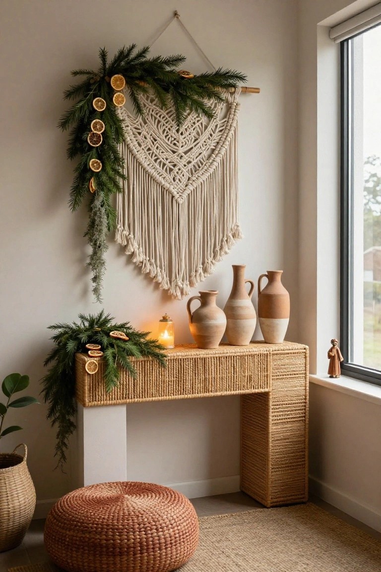 Indoor room corner with a large cream-colored macrame wall hanging draped in evergreen garland and dried orange slices, rattan console table topped with terracotta vases, lit candles, and a small wooden figurine, plus plants, a woven basket, and round rattan pouf on the floor by a large window.